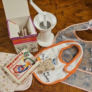 VTG Manual Baby Food Grinder With Vtg RING A Bottle &  2 Baby Bibs, Burp Cloth.